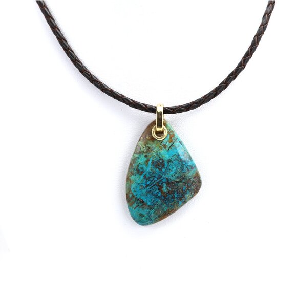 Chrysocolla Natural Stone Necklace 14K Yellow Gold & Leather - Picture 11 of 11